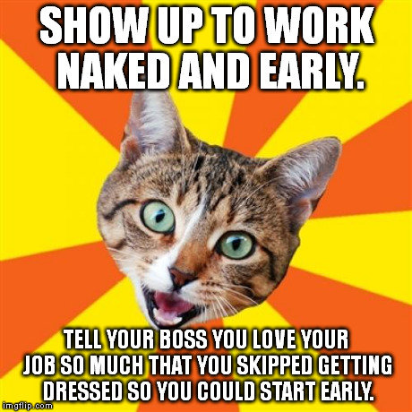 You WILL get a raise, guaranteed. | SHOW UP TO WORK NAKED AND EARLY. TELL YOUR BOSS YOU LOVE YOUR JOB SO MUCH THAT YOU SKIPPED GETTING DRESSED SO YOU COULD START EARLY. | image tagged in memes,bad advice cat | made w/ Imgflip meme maker
