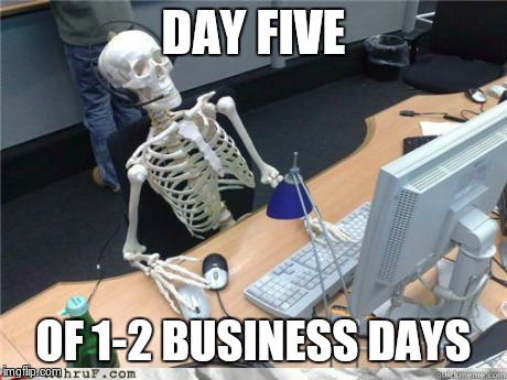 Skeleton Waiting | DAY FIVE OF 1-2 BUSINESS DAYS | image tagged in skeleton waiting,AdviceAnimals | made w/ Imgflip meme maker