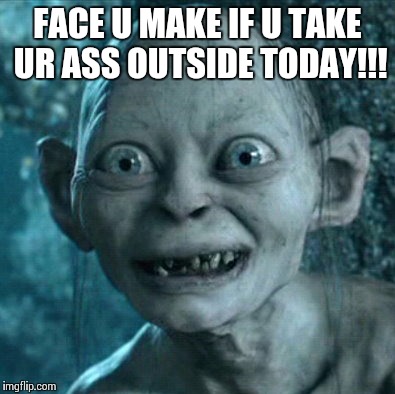 Gollum | FACE U MAKE IF U TAKE UR ASS OUTSIDE TODAY!!! | image tagged in memes,gollum | made w/ Imgflip meme maker