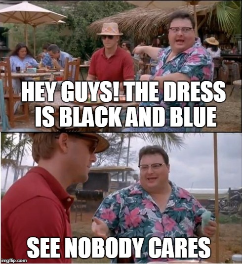 See Nobody Cares | HEY GUYS! THE DRESS IS BLACK AND BLUE SEE NOBODY CARES | image tagged in memes,see nobody cares | made w/ Imgflip meme maker