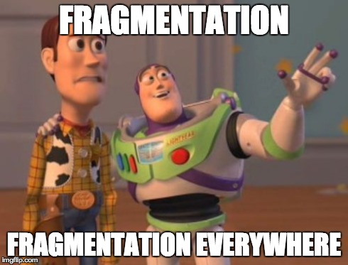 X, X Everywhere Meme | FRAGMENTATION FRAGMENTATION EVERYWHERE | image tagged in memes,x x everywhere | made w/ Imgflip meme maker