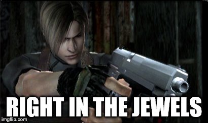 Right in the jewels from Leon. | RIGHT IN THE JEWELS | image tagged in leon s kennedy | made w/ Imgflip meme maker