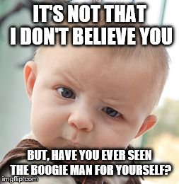 Skeptical Baby Meme | IT'S NOT THAT I DON'T BELIEVE YOU BUT, HAVE YOU EVER SEEN THE BOOGIE MAN FOR YOURSELF? | image tagged in memes,skeptical baby | made w/ Imgflip meme maker