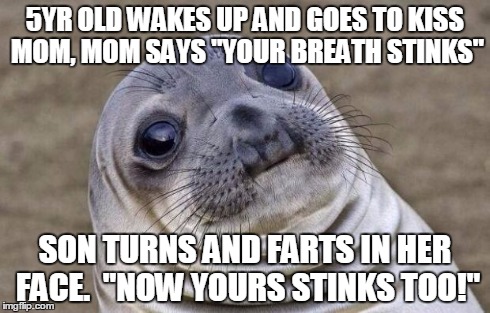 Awkward Moment Sealion | 5YR OLD WAKES UP AND GOES TO KISS MOM, MOM SAYS "YOUR BREATH STINKS" SON TURNS AND FARTS IN HER FACE.  "NOW YOURS STINKS TOO!" | image tagged in memes,awkward moment sealion | made w/ Imgflip meme maker
