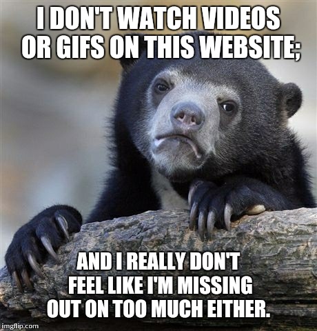 Confession Bear Meme | I DON'T WATCH VIDEOS OR GIFS ON THIS WEBSITE; AND I REALLY DON'T FEEL LIKE I'M MISSING OUT ON TOO MUCH EITHER. | image tagged in memes,confession bear | made w/ Imgflip meme maker