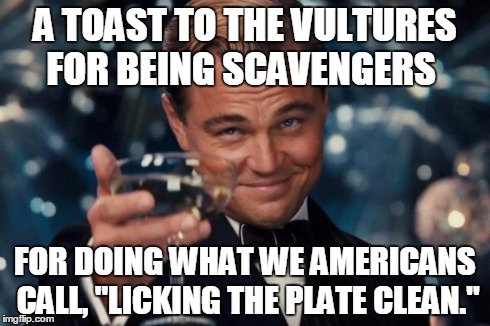 Leonardo Dicaprio Cheers | A TOAST TO THE VULTURES FOR BEING SCAVENGERS FOR DOING WHAT WE AMERICANS CALL, "LICKING THE PLATE CLEAN." | image tagged in memes,leonardo dicaprio cheers | made w/ Imgflip meme maker