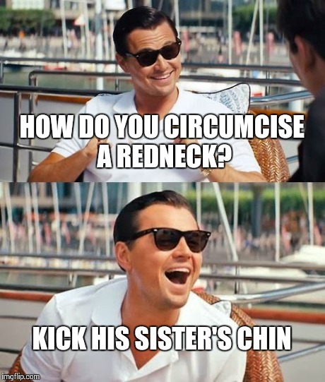 Leonardo Dicaprio Wolf Of Wall Street | HOW DO YOU CIRCUMCISE A REDNECK? KICK HIS SISTER'S CHIN | image tagged in memes,leonardo dicaprio wolf of wall street | made w/ Imgflip meme maker