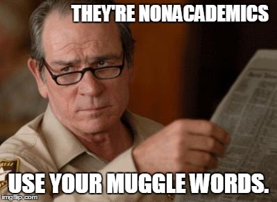 Tommy Lee Jones | THEY'RE NONACADEMICS USE YOUR MUGGLE WORDS. | image tagged in tommy lee jones | made w/ Imgflip meme maker