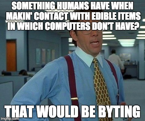 That Would Be Great | SOMETHING HUMANS HAVE WHEN MAKIN' CONTACT WITH EDIBLE ITEMS IN WHICH COMPUTERS DON'T HAVE? THAT WOULD BE BYTING | image tagged in memes,that would be great | made w/ Imgflip meme maker