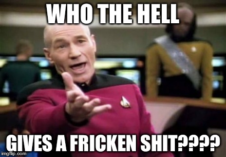 Picard Wtf Meme | WHO THE HELL GIVES A FRICKEN SHIT???? | image tagged in memes,picard wtf | made w/ Imgflip meme maker