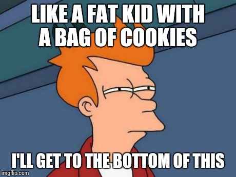 Investigator fry | LIKE A FAT KID WITH A BAG OF COOKIES I'LL GET TO THE BOTTOM OF THIS | image tagged in memes,futurama fry | made w/ Imgflip meme maker