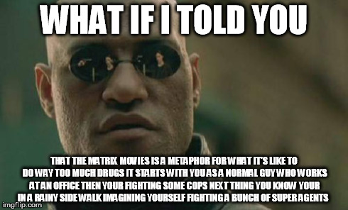 Matrix Morpheus | WHAT IF I TOLD YOU THAT THE MATRIX MOVIES IS A METAPHOR FOR WHAT IT'S LIKE TO DO WAY TOO MUCH DRUGS IT STARTS WITH YOU AS A NORMAL GUY WHO W | image tagged in memes,matrix morpheus | made w/ Imgflip meme maker