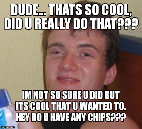 10 Guy Meme | DUDE... THATS SO COOL, DID U REALLY DO THAT??? IM NOT SO SURE U DID BUT ITS COOL THAT U WANTED TO. HEY DO U HAVE ANY CHIPS??? | image tagged in memes,10 guy | made w/ Imgflip meme maker