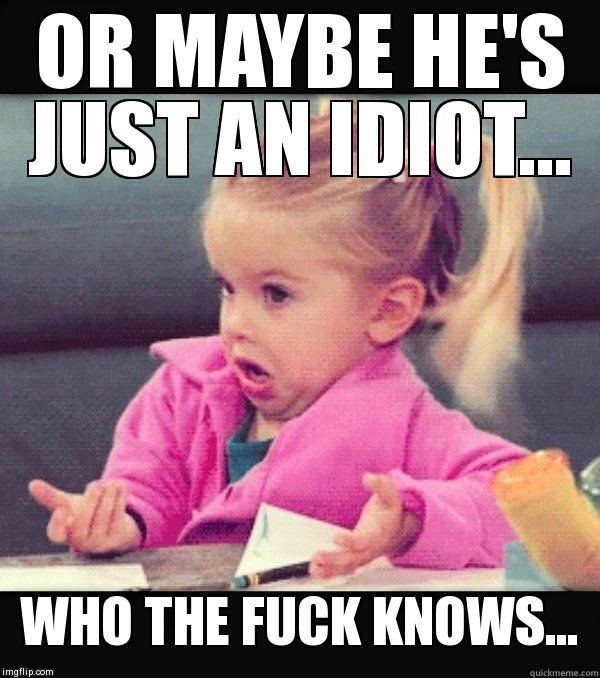 who knows | OR MAYBE HE'S JUST AN IDIOT... WHO THE F**K KNOWS... | image tagged in who knows | made w/ Imgflip meme maker