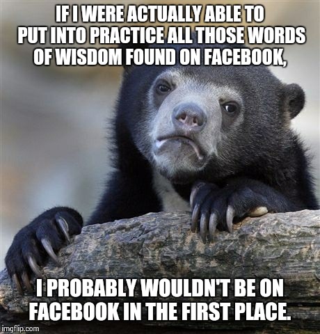Confession Bear Meme | IF I WERE ACTUALLY ABLE TO PUT INTO PRACTICE ALL THOSE WORDS OF WISDOM FOUND ON FACEBOOK, I PROBABLY WOULDN'T BE ON FACEBOOK IN THE FIRST PL | image tagged in memes,confession bear | made w/ Imgflip meme maker