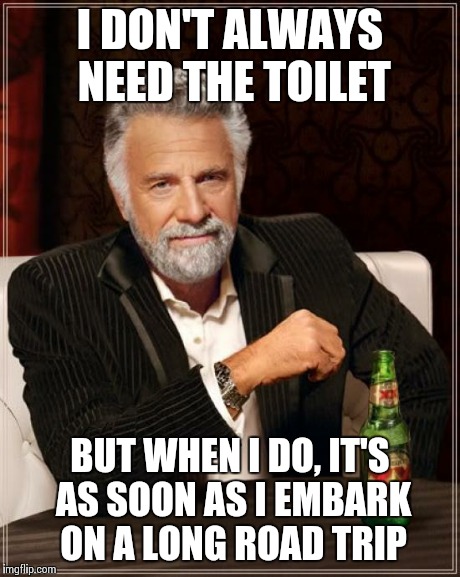 The Most Interesting Man In The World Meme | I DON'T ALWAYS NEED THE TOILET BUT WHEN I DO, IT'S AS SOON AS I EMBARK ON A LONG ROAD TRIP | image tagged in memes,the most interesting man in the world | made w/ Imgflip meme maker