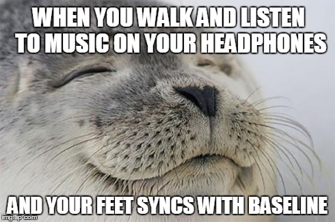 Satisfied Seal | WHEN YOU WALK AND LISTEN TO MUSIC ON YOUR HEADPHONES AND YOUR FEET SYNCS WITH BASELINE | image tagged in memes,satisfied seal | made w/ Imgflip meme maker