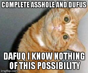 Cat has a question | COMPLETE ASSHOLE AND DUFUS DAFUQ I KNOW NOTHING OF THIS POSSIBILITY | image tagged in cat has a question | made w/ Imgflip meme maker