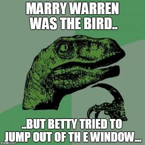 Philosoraptor | MARRY WARREN WAS THE BIRD.. ..BUT BETTY TRIED TO JUMP OUT OF TH
E WINDOW... | image tagged in memes,philosoraptor | made w/ Imgflip meme maker