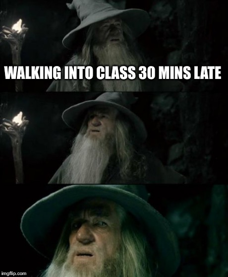 Confused Gandalf Meme | WALKING INTO CLASS 30 MINS LATE | image tagged in memes,confused gandalf | made w/ Imgflip meme maker