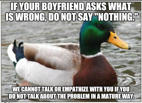 Actual Advice Mallard | IF YOUR BOYFRIEND ASKS WHAT IS WRONG, DO NOT SAY "NOTHING." WE CANNOT TALK OR EMPATHIZE WITH YOU IF YOU DO NOT TALK ABOUT THE PROBLEM IN A M | image tagged in memes,actual advice mallard | made w/ Imgflip meme maker
