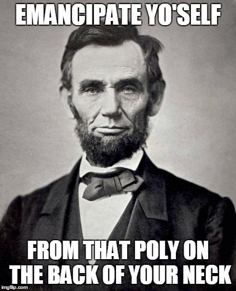 Abe lincoln | EMANCIPATE YO'SELF FROM THAT POLY ON THE BACK OF YOUR NECK | image tagged in abe lincoln | made w/ Imgflip meme maker