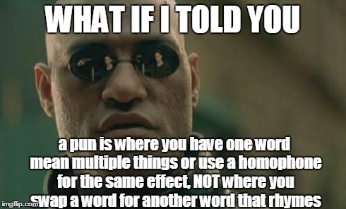What if I told you that most of you don't know what puns are | WHAT IF I TOLD YOU a pun is where you have one word mean multiple things or use a homophone for the same effect, NOT where you swap a word f | image tagged in memes,matrix morpheus,puns,what if i told you,wrong | made w/ Imgflip meme maker