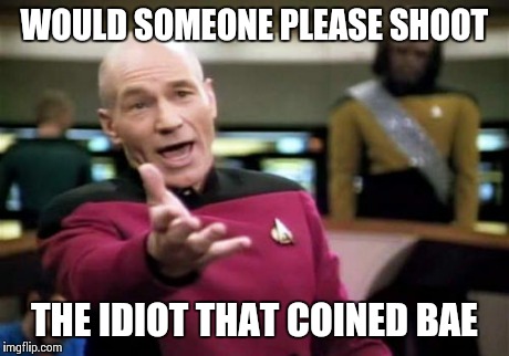 Picard Wtf | WOULD SOMEONE PLEASE SHOOT THE IDIOT THAT COINED BAE | image tagged in memes,picard wtf | made w/ Imgflip meme maker