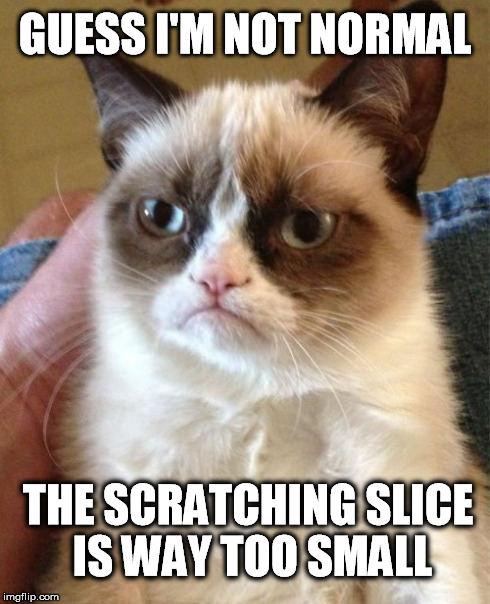 Grumpy Cat Meme | GUESS I'M NOT NORMAL THE SCRATCHING SLICE IS WAY TOO SMALL | image tagged in memes,grumpy cat | made w/ Imgflip meme maker