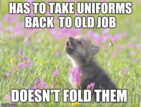 Baby Insanity Wolf Meme | HAS TO TAKE UNIFORMS BACK  TO OLD JOB DOESN'T FOLD THEM | image tagged in memes,baby insanity wolf,AdviceAnimals | made w/ Imgflip meme maker