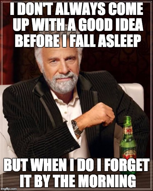 The Most Interesting Man In The World | I DON'T ALWAYS COME UP WITH A GOOD IDEA BEFORE I FALL ASLEEP BUT WHEN I DO I FORGET IT BY THE MORNING | image tagged in memes,the most interesting man in the world | made w/ Imgflip meme maker