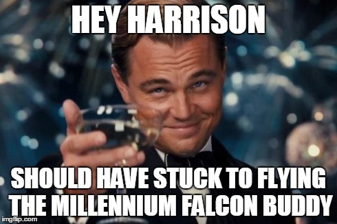 Leonardo Dicaprio Cheers | HEY HARRISON SHOULD HAVE STUCK TO FLYING THE MILLENNIUM FALCON BUDDY | image tagged in memes,leonardo dicaprio cheers | made w/ Imgflip meme maker