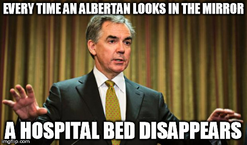 PRENTICE MIRROR | EVERY TIME AN ALBERTAN LOOKS IN THE MIRROR A HOSPITAL BED DISAPPEARS | image tagged in mirror,prentice,albertans,fault,stupid people,taxes | made w/ Imgflip meme maker