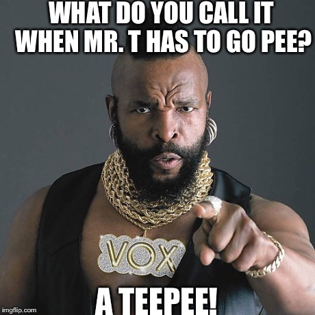 Mr T Pity The Fool Meme | WHAT DO YOU CALL IT WHEN MR. T HAS TO GO PEE? A TEEPEE! | image tagged in memes,mr t pity the fool | made w/ Imgflip meme maker