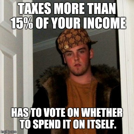 Scumbag Steve Meme | TAXES MORE THAN 15% OF YOUR INCOME HAS TO VOTE ON WHETHER TO SPEND IT ON ITSELF. | image tagged in memes,scumbag steve | made w/ Imgflip meme maker