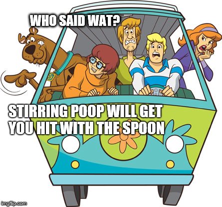 Scooby Doo | WHO SAID WAT? STIRRING POOP WILL GET YOU HIT WITH THE SPOON | image tagged in memes,scooby doo | made w/ Imgflip meme maker