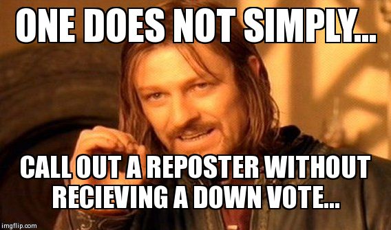 One Does Not Simply Meme | ONE DOES NOT SIMPLY... CALL OUT A REPOSTER WITHOUT RECIEVING A DOWN VOTE... | image tagged in memes,one does not simply | made w/ Imgflip meme maker