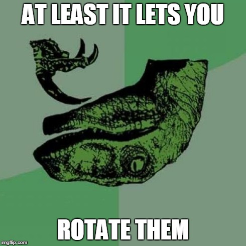 Philosoraptor Meme | AT LEAST IT LETS YOU ROTATE THEM | image tagged in memes,philosoraptor | made w/ Imgflip meme maker