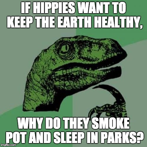 Philosoraptor | IF HIPPIES WANT TO KEEP THE EARTH HEALTHY, WHY DO THEY SMOKE POT AND SLEEP IN PARKS? | image tagged in memes,philosoraptor | made w/ Imgflip meme maker
