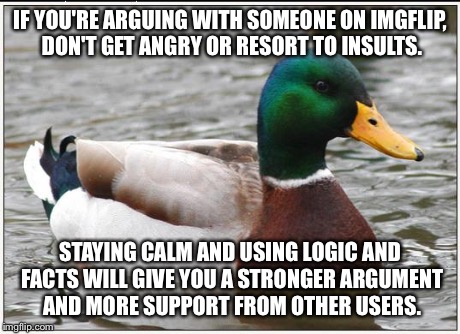 It really does help. | IF YOU'RE ARGUING WITH SOMEONE ON IMGFLIP, DON'T GET ANGRY OR RESORT TO INSULTS. STAYING CALM AND USING LOGIC AND FACTS WILL GIVE YOU A STRO | image tagged in memes,actual advice mallard | made w/ Imgflip meme maker
