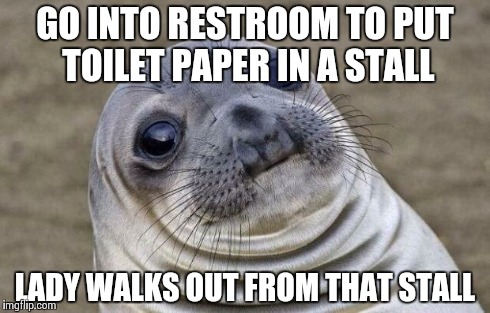 Awkward Moment Sealion Meme | GO INTO RESTROOM TO PUT TOILET PAPER IN A STALL LADY WALKS OUT FROM THAT STALL | image tagged in memes,awkward moment sealion | made w/ Imgflip meme maker