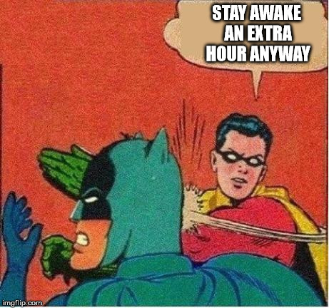 robin strikes back | STAY AWAKE AN EXTRA HOUR ANYWAY | image tagged in robin strikes back | made w/ Imgflip meme maker