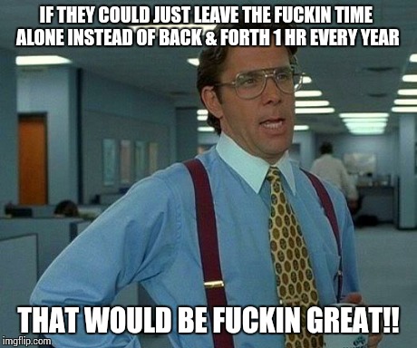 Time | IF THEY COULD JUST LEAVE THE F**KIN TIME ALONE INSTEAD OF BACK & FORTH 1 HR EVERY YEAR THAT WOULD BE F**KIN GREAT!! | image tagged in memes,that would be great | made w/ Imgflip meme maker