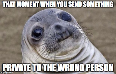 Must... delete... THE MESSAGE. | THAT MOMENT WHEN YOU SEND SOMETHING PRIVATE TO THE WRONG PERSON | image tagged in memes,awkward moment sealion | made w/ Imgflip meme maker