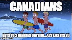 CANADIANS GETS TO 2 DEGREES OUTSIDE...ACT LIKE ITS 20 | image tagged in canada,canadian,cold,cold weather,snow,funny memes | made w/ Imgflip meme maker