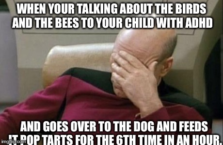 Captain Picard Facepalm | WHEN YOUR TALKING ABOUT THE BIRDS AND THE BEES TO YOUR CHILD WITH ADHD AND GOES OVER TO THE DOG AND FEEDS IT POP TARTS FOR THE 6TH TIME IN A | image tagged in memes,captain picard facepalm | made w/ Imgflip meme maker