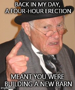 Back In My Day Meme | BACK IN MY DAY, A FOUR-HOUR ERECTION MEANT YOU WERE BUILDING A NEW BARN | image tagged in memes,back in my day | made w/ Imgflip meme maker