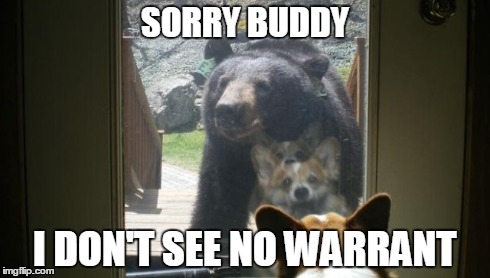 Sorry | SORRY BUDDY I DON'T SEE NO WARRANT | image tagged in corgi,bear,funny memes,animals,humor,cute puppies | made w/ Imgflip meme maker