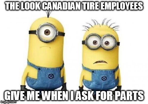 Minions | THE LOOK CANADIAN TIRE EMPLOYEES GIVE ME WHEN I ASK FOR PARTS | image tagged in minions | made w/ Imgflip meme maker