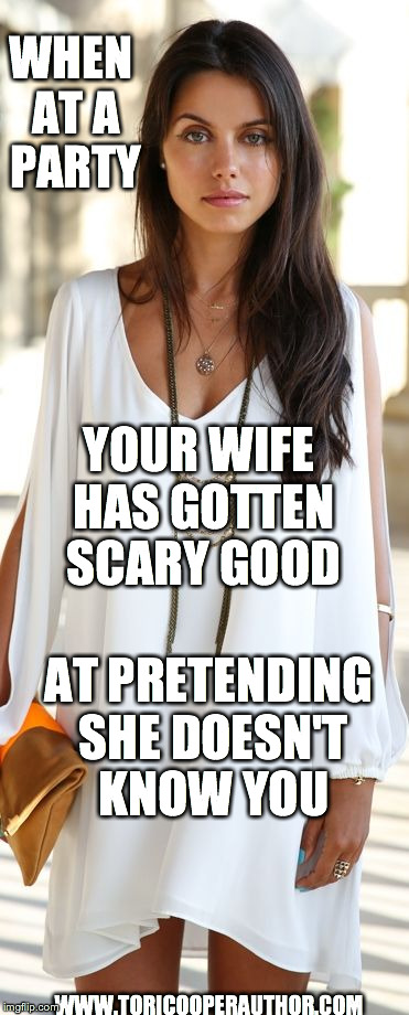 WHEN AT A PARTY YOUR WIFE HAS GOTTEN SCARY GOOD AT PRETENDING SHE DOESN'T KNOW YOU WWW.TORICOOPERAUTHOR.COM | made w/ Imgflip meme maker